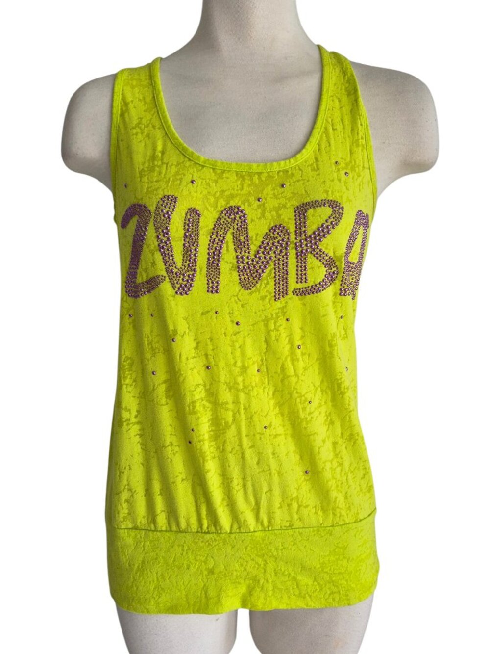 ZUMBA Lime Green Burnout Pattern Large Purple Crystal Studs Callout Logo RARE S